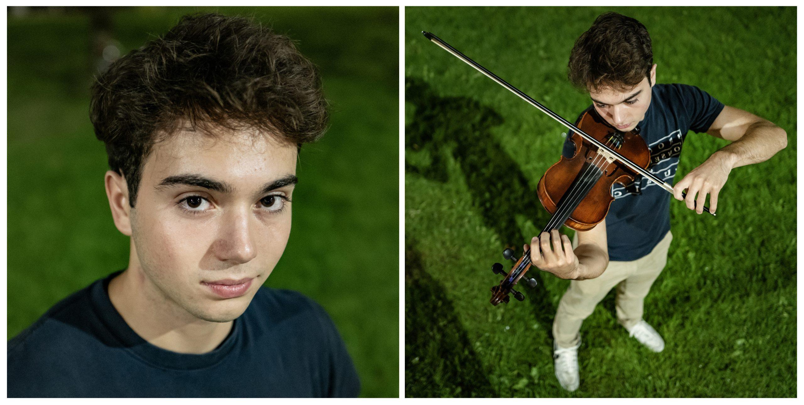 一个名叫詹姆斯·弗格森的学生的两张照片拼贴画. On the left is a photo of him playing the violin; on the right is portrait of James.